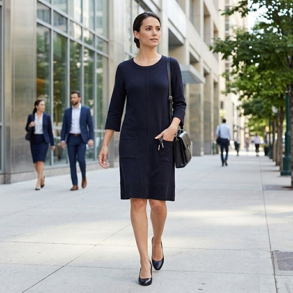 Attitude Sweater Dress Womens Large Black 3/4 Sleeve Knit Pocket Shift Casual